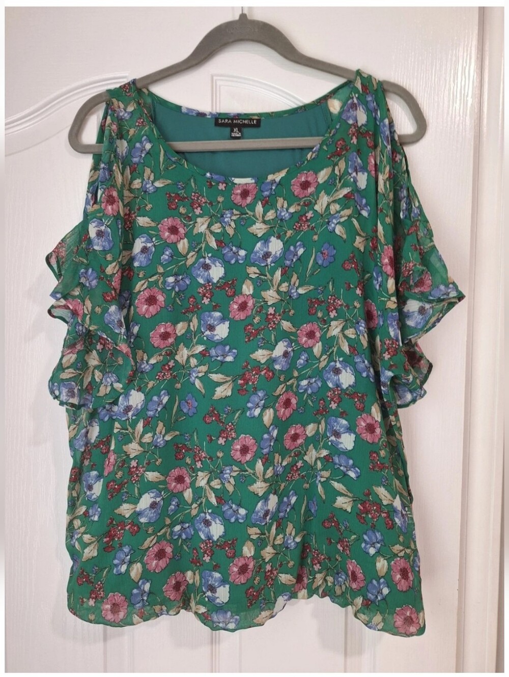 Sara Michelle Emerald Green Floral Cold-Shoulder Blouse